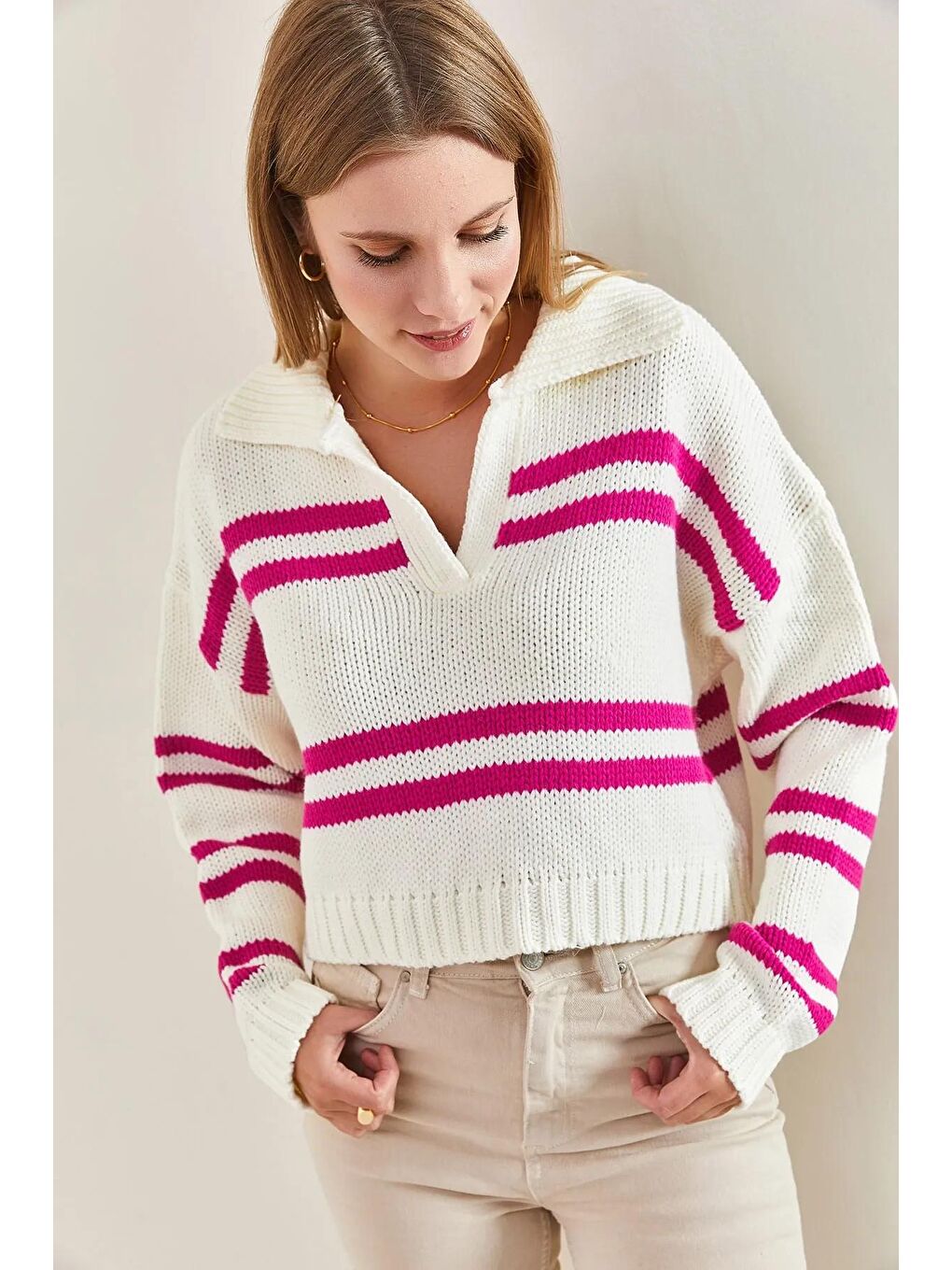 Beyaz Kadın Polo Yaka Çizgili Triko Kazak-3