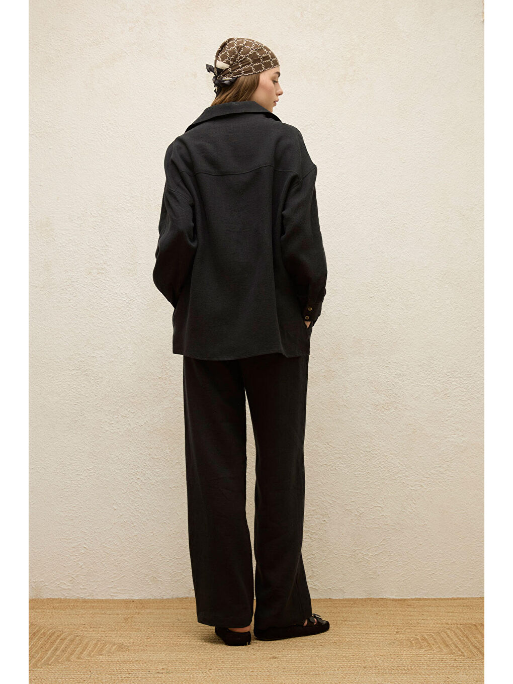 Keten Oversize Düğmeli Gömlek Siyah-6