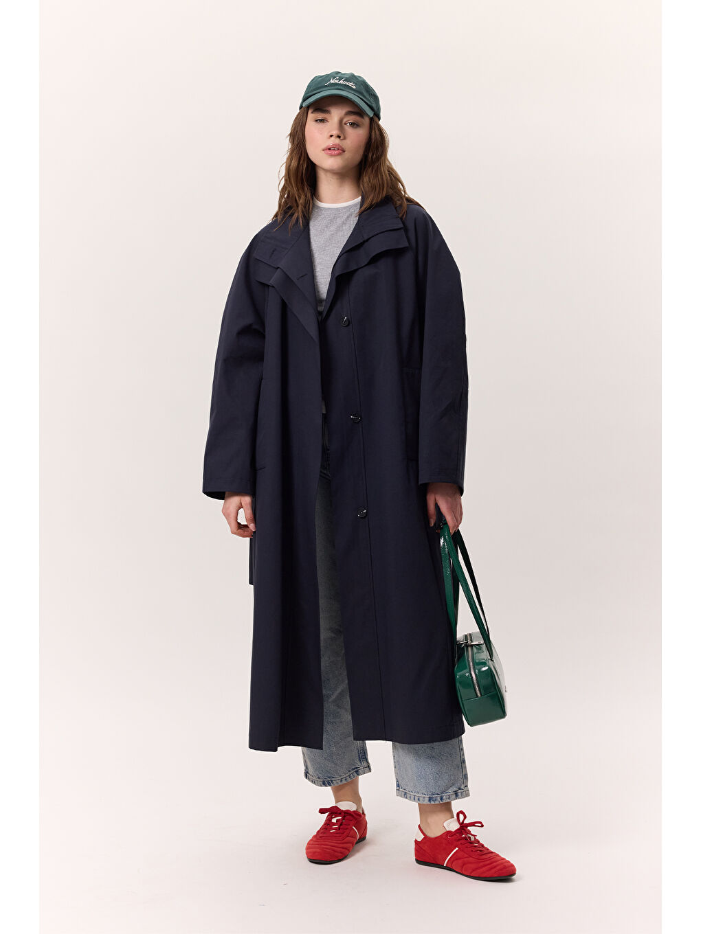 Yüksek Yaka Oversize Trençkot Lacivert-5