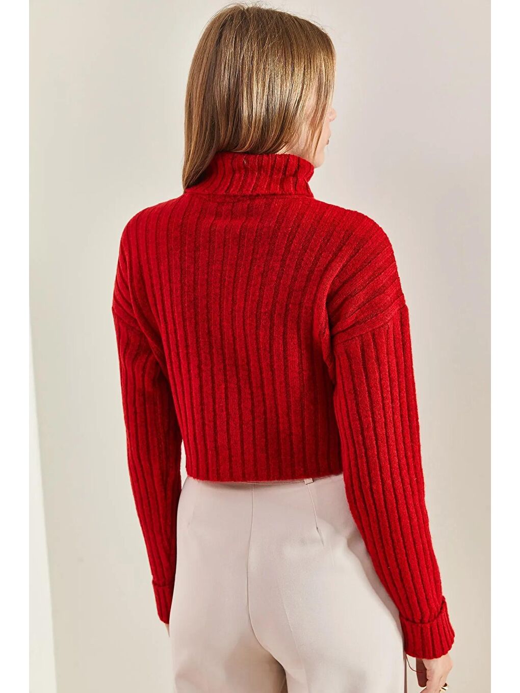 Kırmızı Kadın Balıkçı Yaka Triko Kazak-3