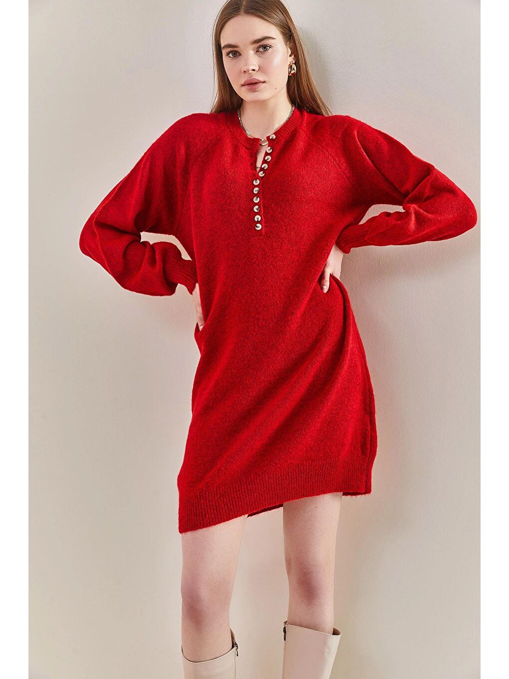 Kırmızı Kadın Çizgili Düğmeli  Triko Elbise