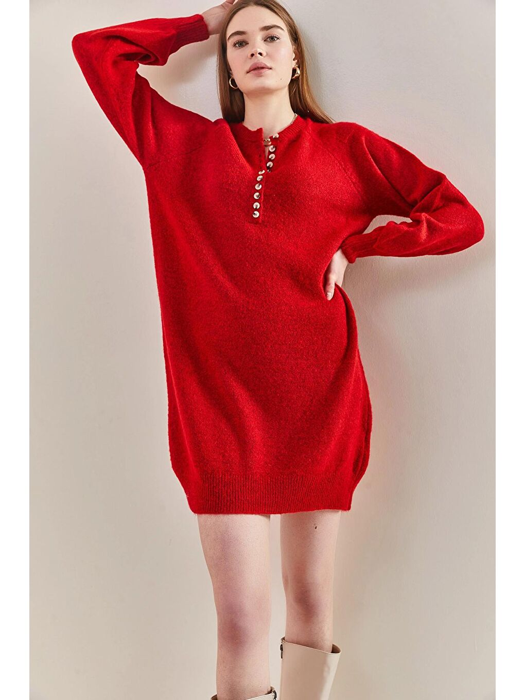 Kırmızı Kadın Çizgili Düğmeli  Triko Elbise-1