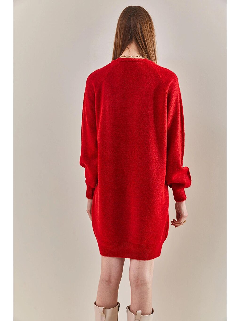 Kırmızı Kadın Çizgili Düğmeli  Triko Elbise-2