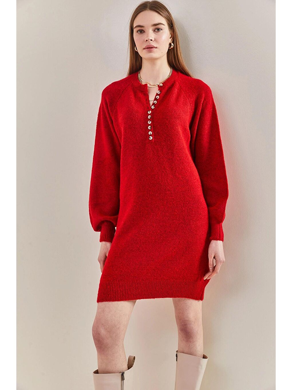 Kırmızı Kadın Çizgili Düğmeli  Triko Elbise-3