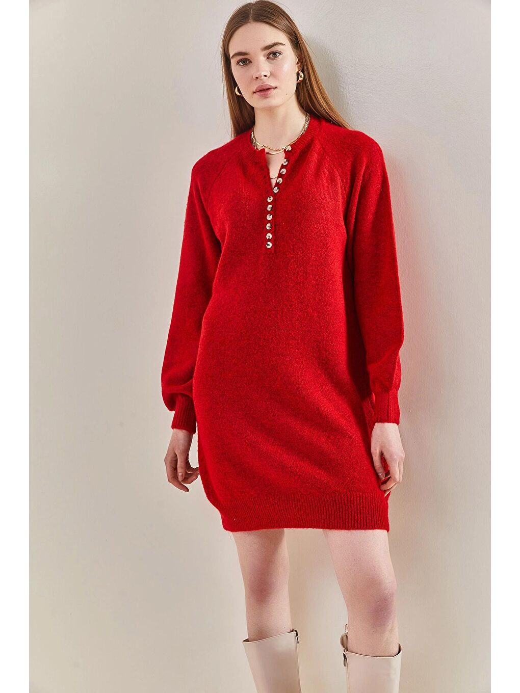 Kırmızı Kadın Çizgili Düğmeli  Triko Elbise-4