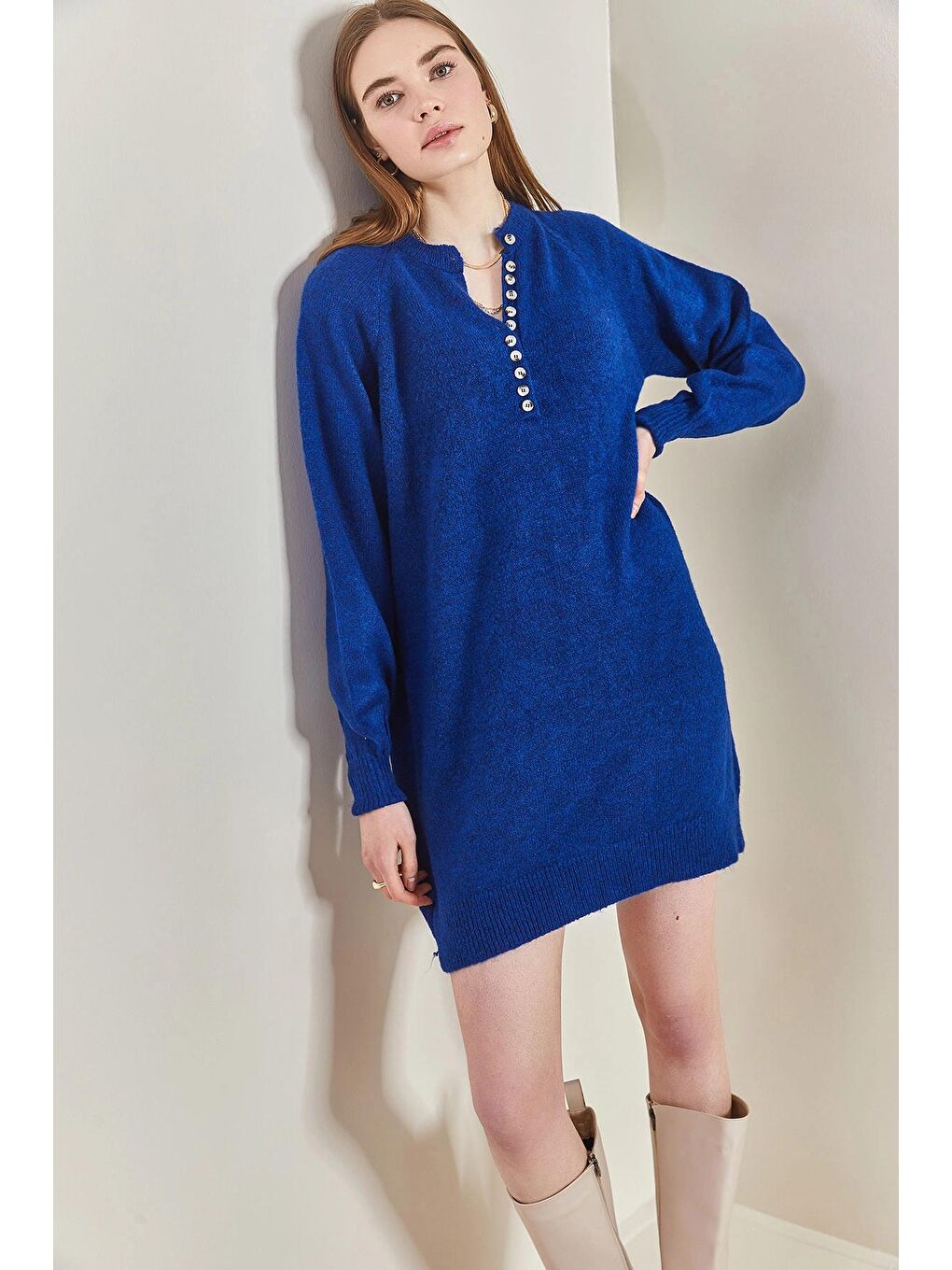 İndigo Kadın Çizgili Düğmeli  Triko Elbise-1