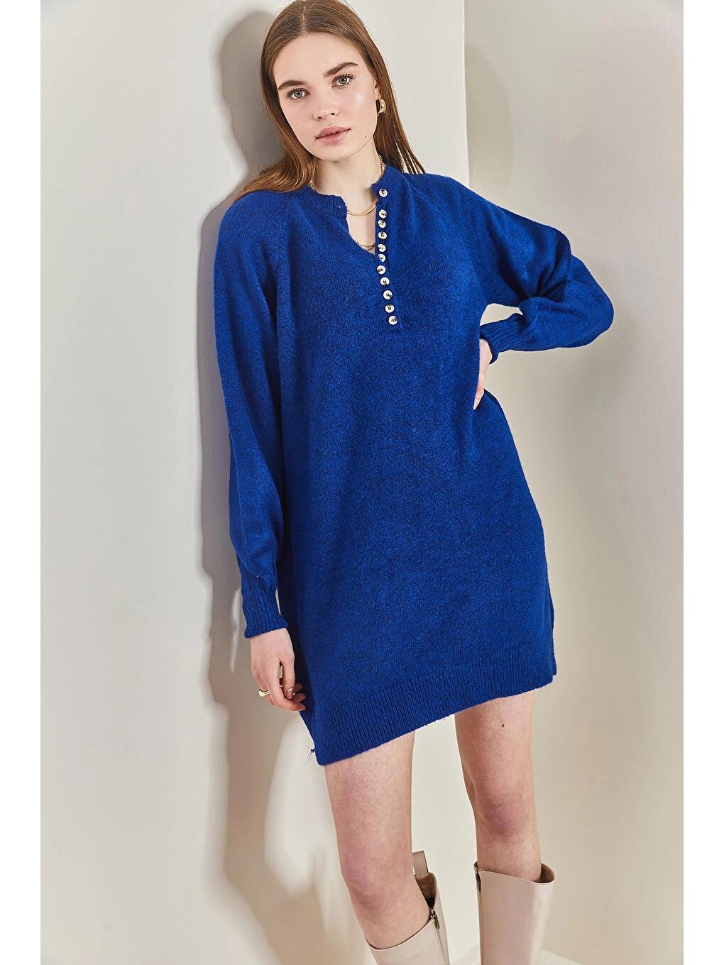 İndigo Kadın Çizgili Düğmeli  Triko Elbise-2