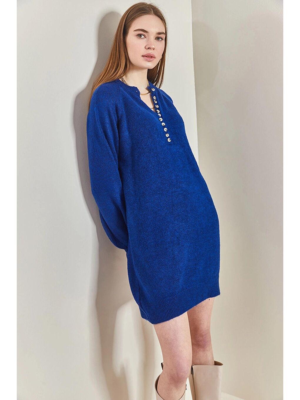 İndigo Kadın Çizgili Düğmeli  Triko Elbise-3