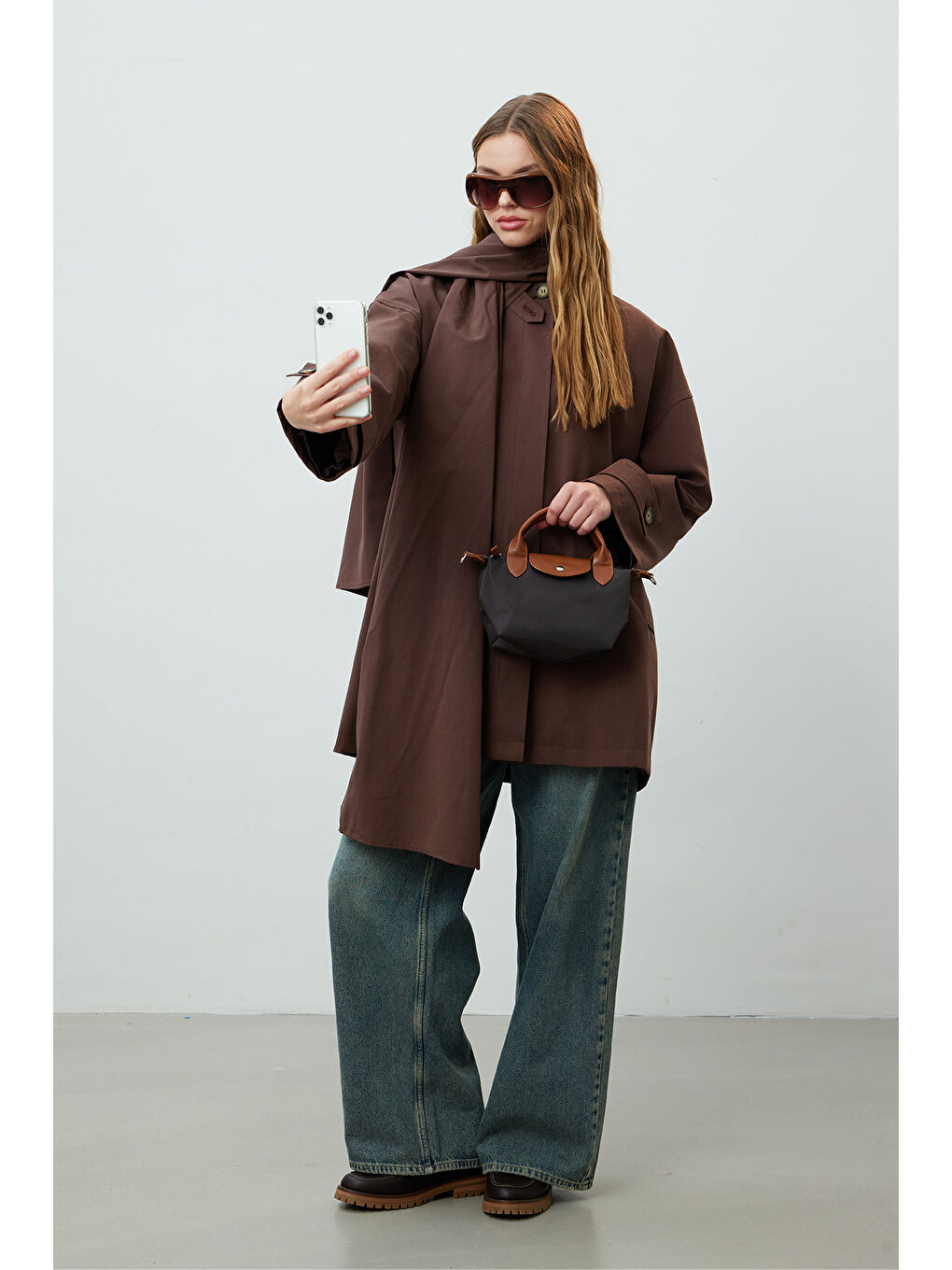 Stokholm Şal Detaylı Oversize Trençkot Kahverengi