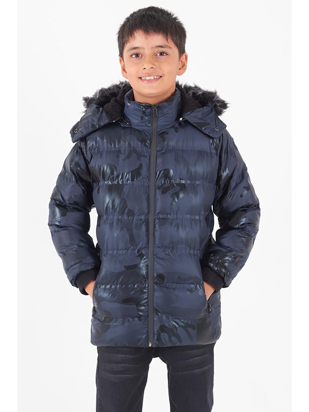 Lacivert Erkek Çocuk Mont Kamuflaj Desenli Kapüşonlu Şişme Mont 14538