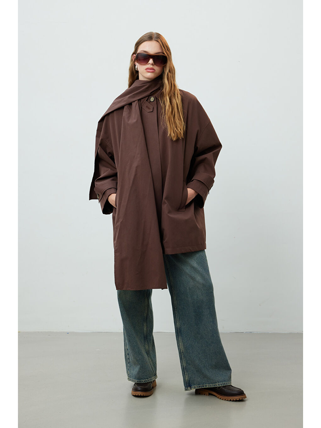 Stokholm Şal Detaylı Oversize Trençkot Kahverengi-1