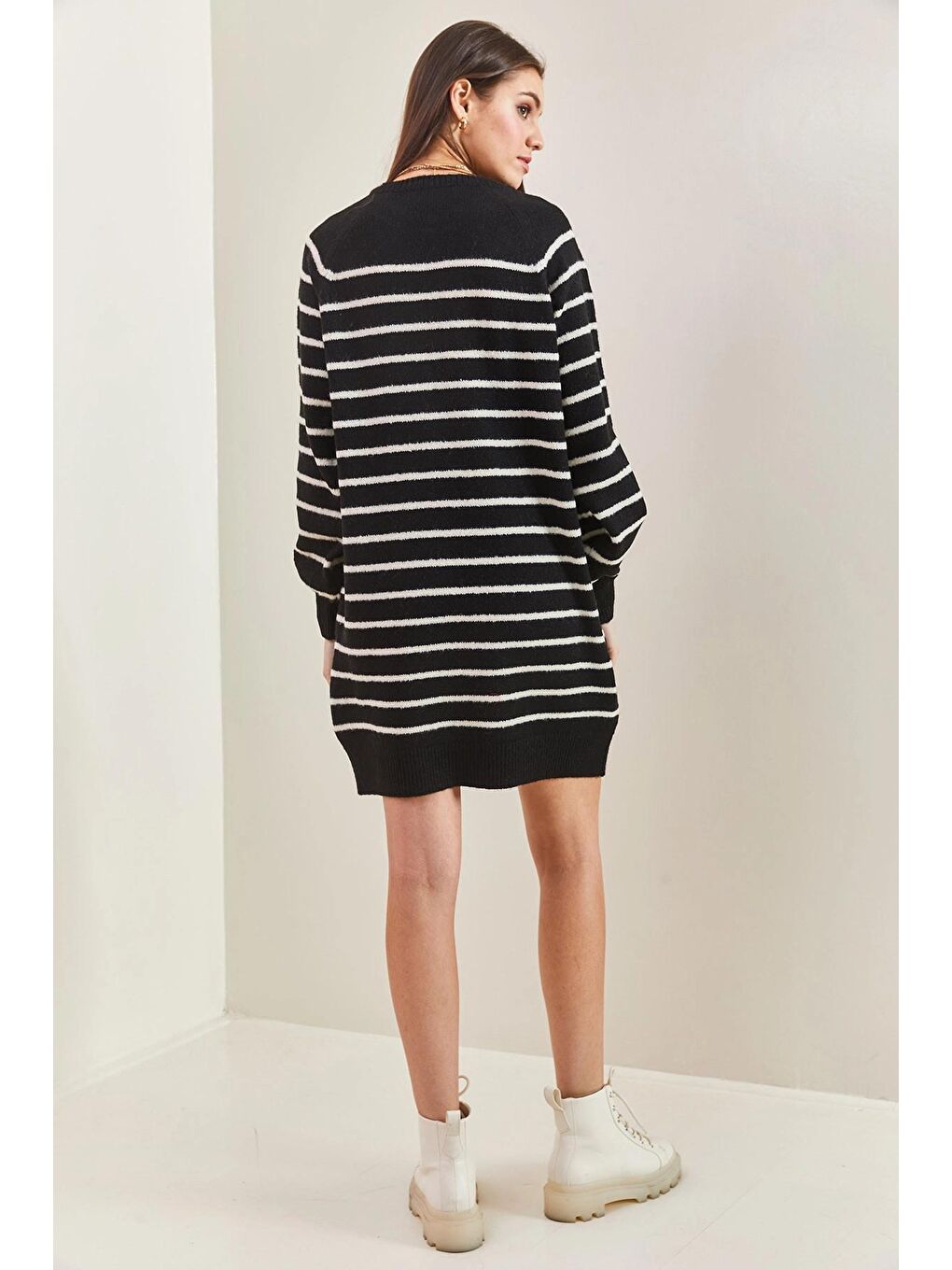 Siyah Kadın Çizgili Düğmeli  Triko Elbise-2