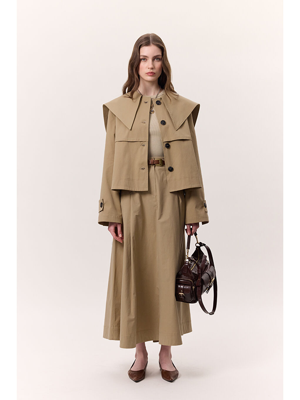 Bej Cep Detaylı Geniş Etek Kum-1