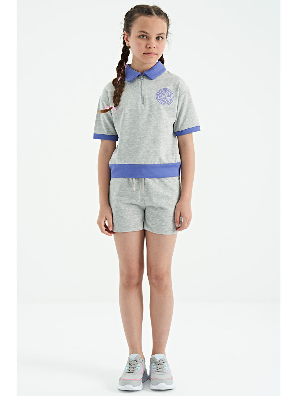 Gri Melanj Yakalı Kısa Kollu Rahat Form Kız Çocuk Şort Takım - 75131-2