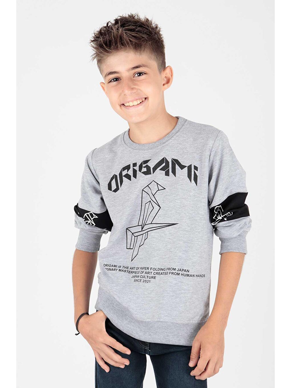 Gri Erkek Çocuk Origami Baskılı Trend Sweatshirt Ak15160