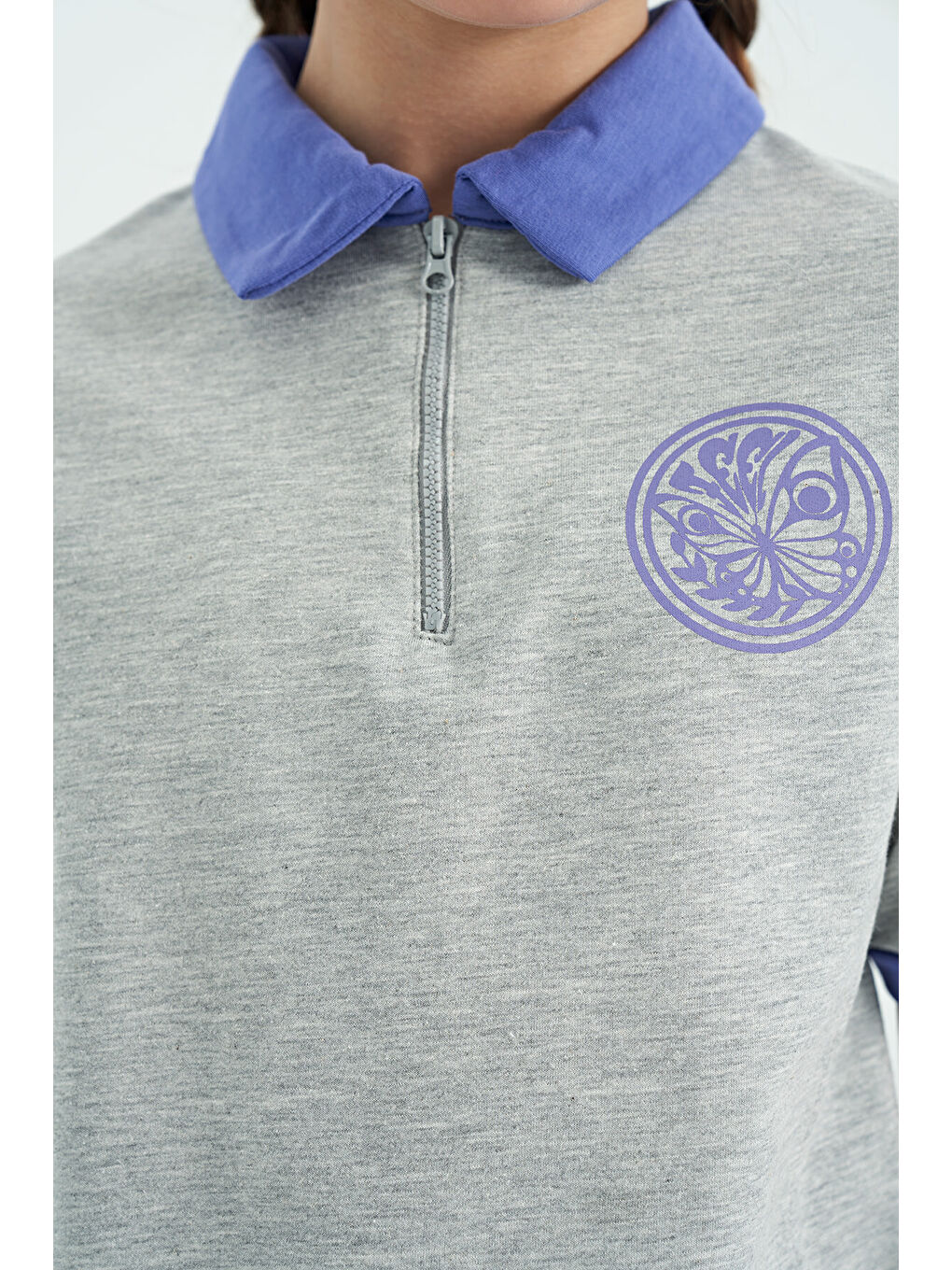 Gri Melanj Yakalı Kısa Kollu Rahat Form Kız Çocuk Şort Takım - 75131-4