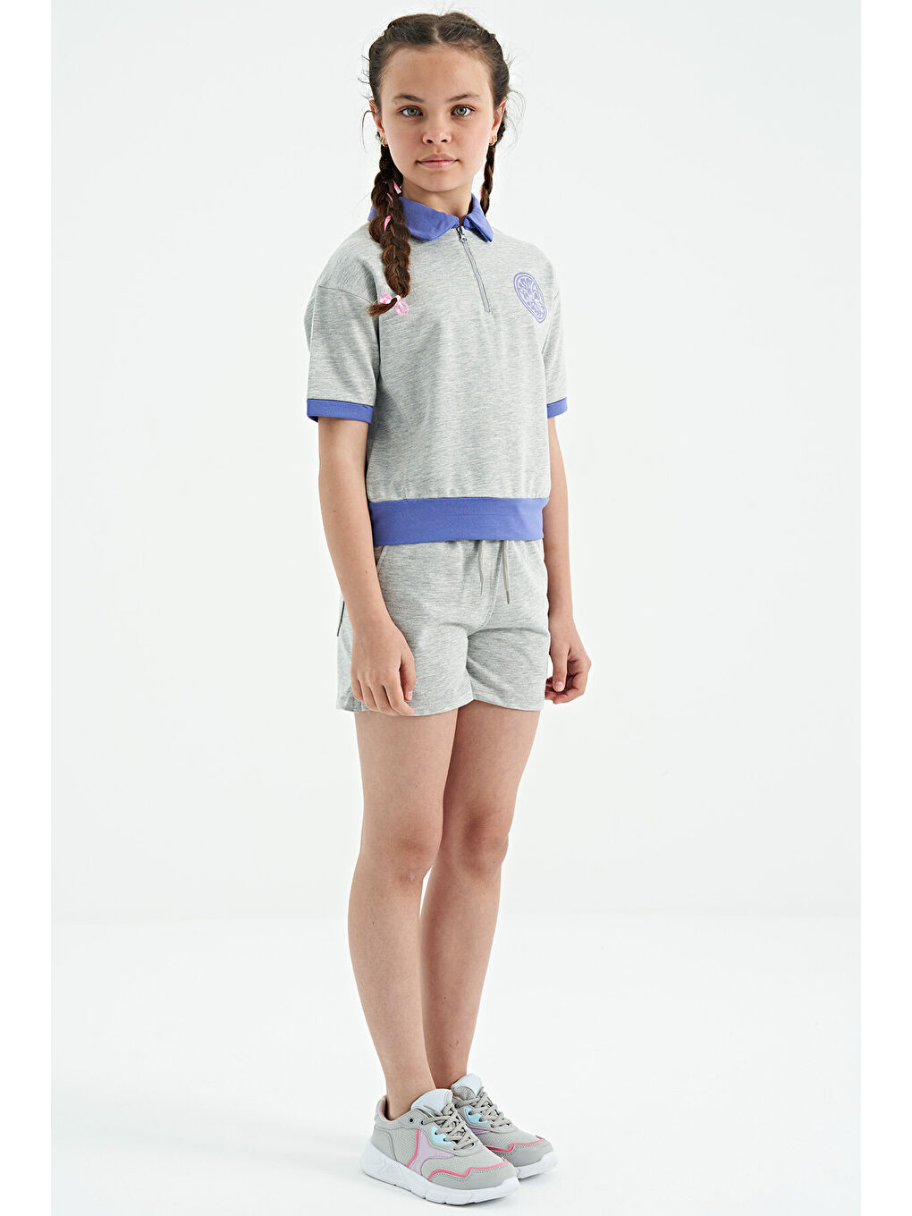 Gri Melanj Yakalı Kısa Kollu Rahat Form Kız Çocuk Şort Takım - 75131-8