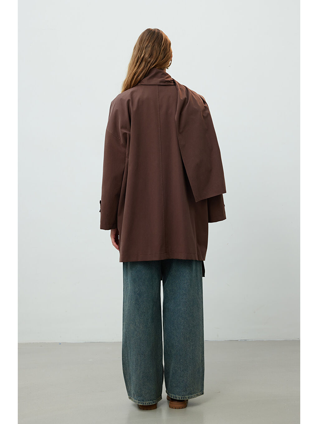 Stokholm Şal Detaylı Oversize Trençkot Kahverengi-5