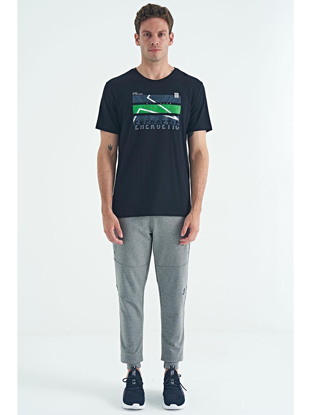 Gri Melanj Yan Baskı Detaylı Standart Kalıp Erkek Jogger Eşofman Alt - 84965-1