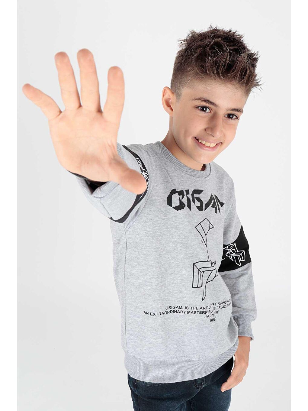 Gri Erkek Çocuk Origami Baskılı Trend Sweatshirt Ak15160-2