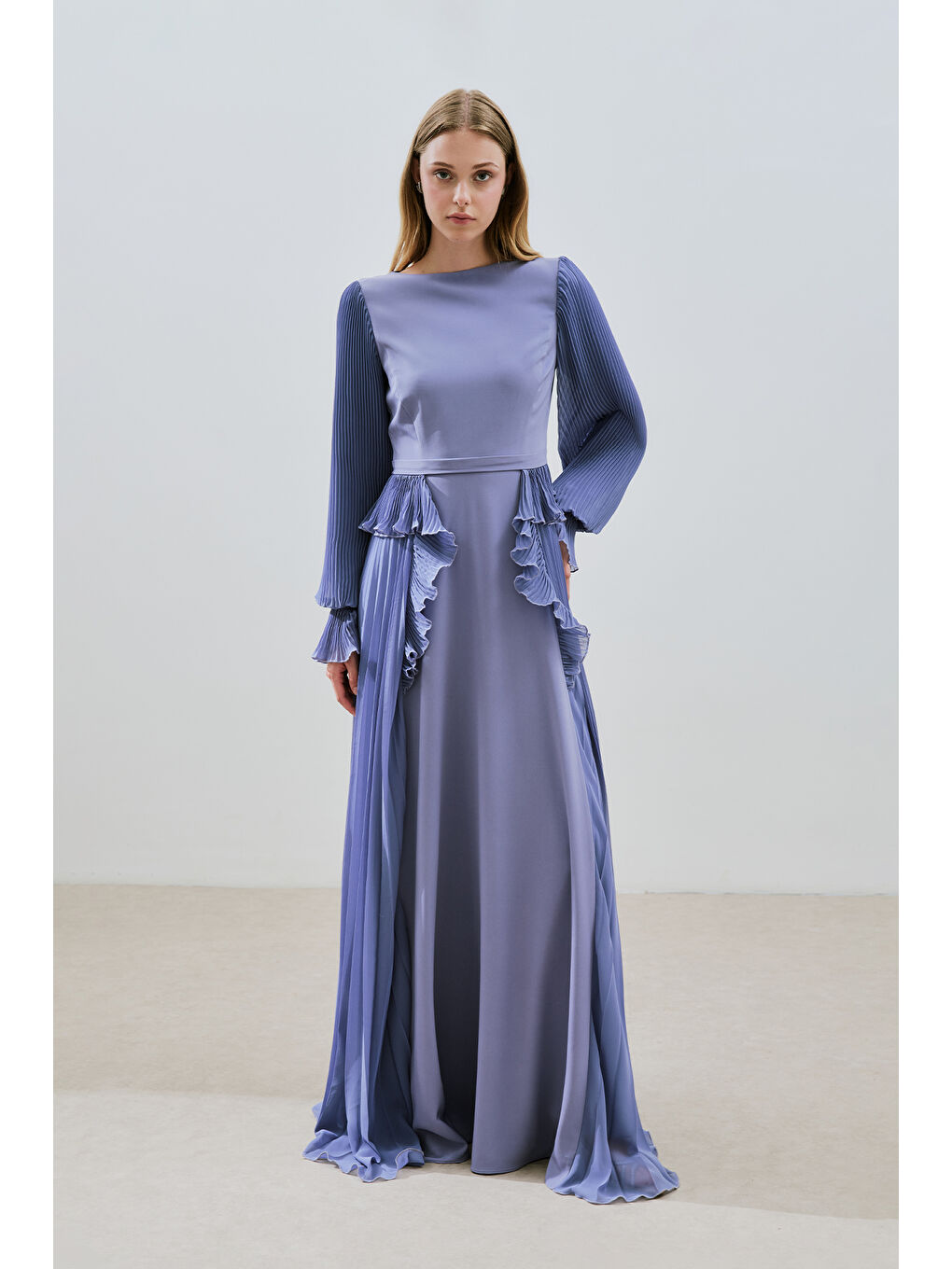 Katlı Piliseli Elbise Lila-1