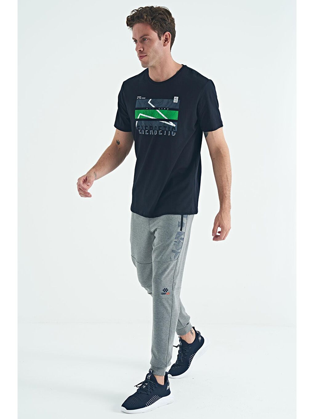 Gri Melanj Yan Baskı Detaylı Standart Kalıp Erkek Jogger Eşofman Alt - 84965-3