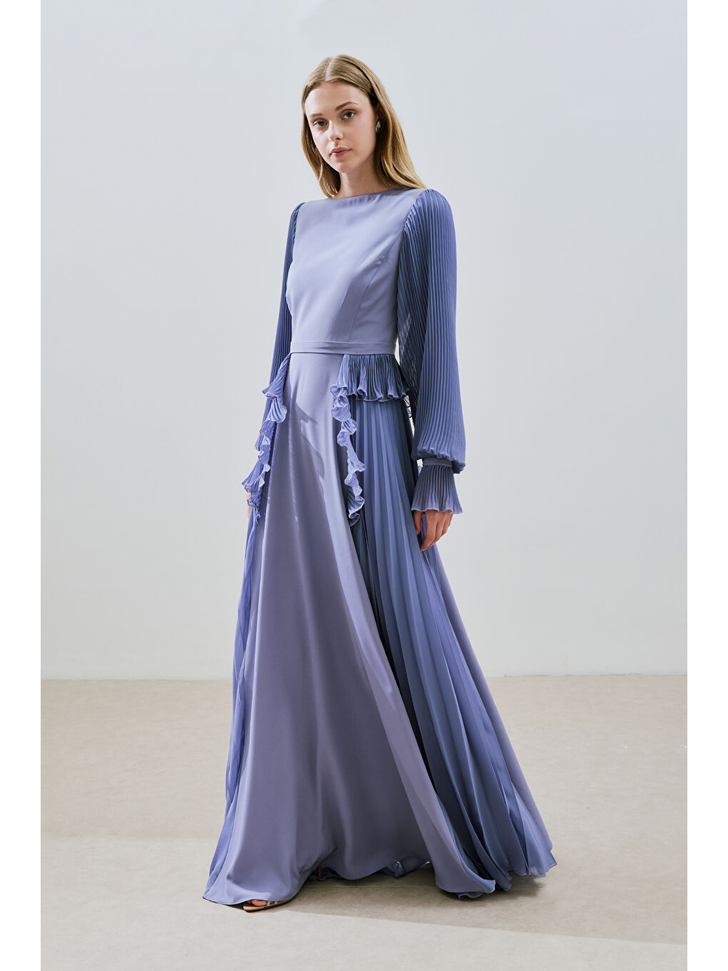 Katlı Piliseli Elbise Lila-2