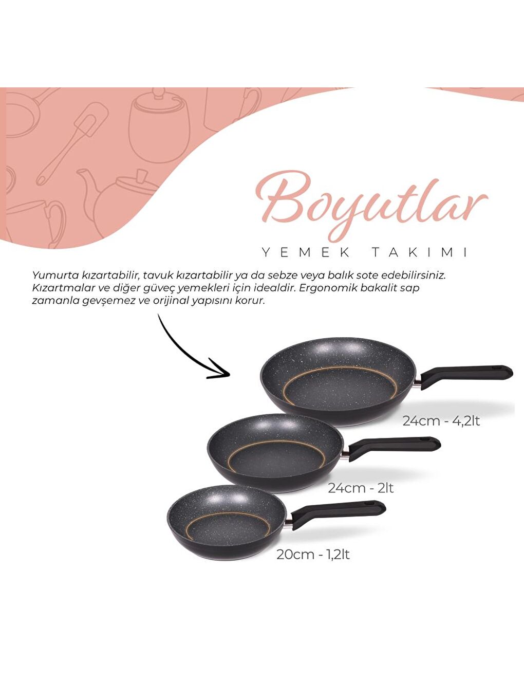 Serenk Siyah Excellence 3 Adet Granit İndüksiyon Tabanlı Tava Seti, 20-24-28 cm, PFOA İçermeyen Yanmaz ve - 4