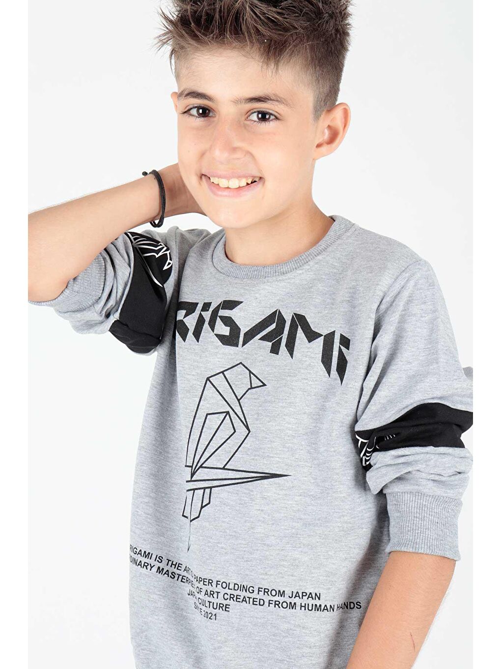 Gri Erkek Çocuk Origami Baskılı Trend Sweatshirt Ak15160-4