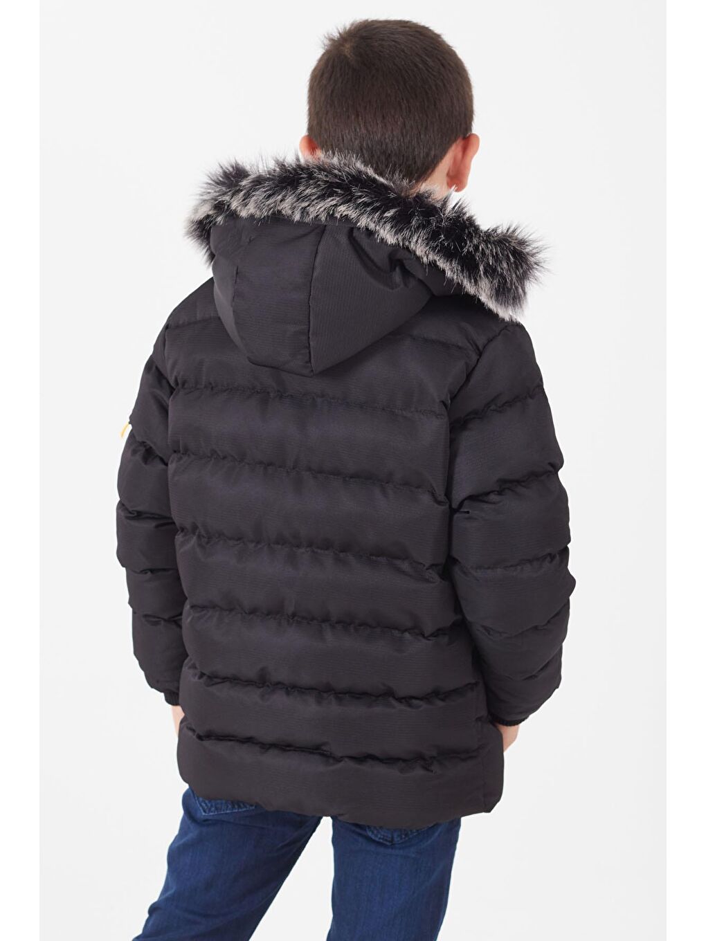 Siyah Erkek Çocuk Mont Omuz Logo Detaylı Kapüşonlu Şişme Mont 14537-4