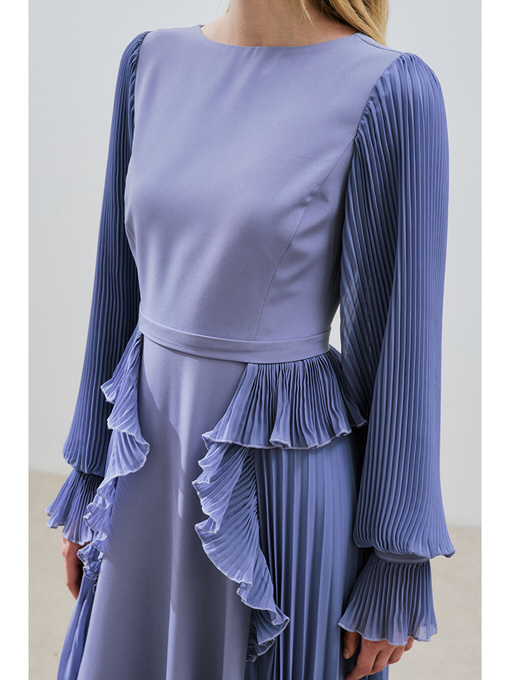 Katlı Piliseli Elbise Lila-4