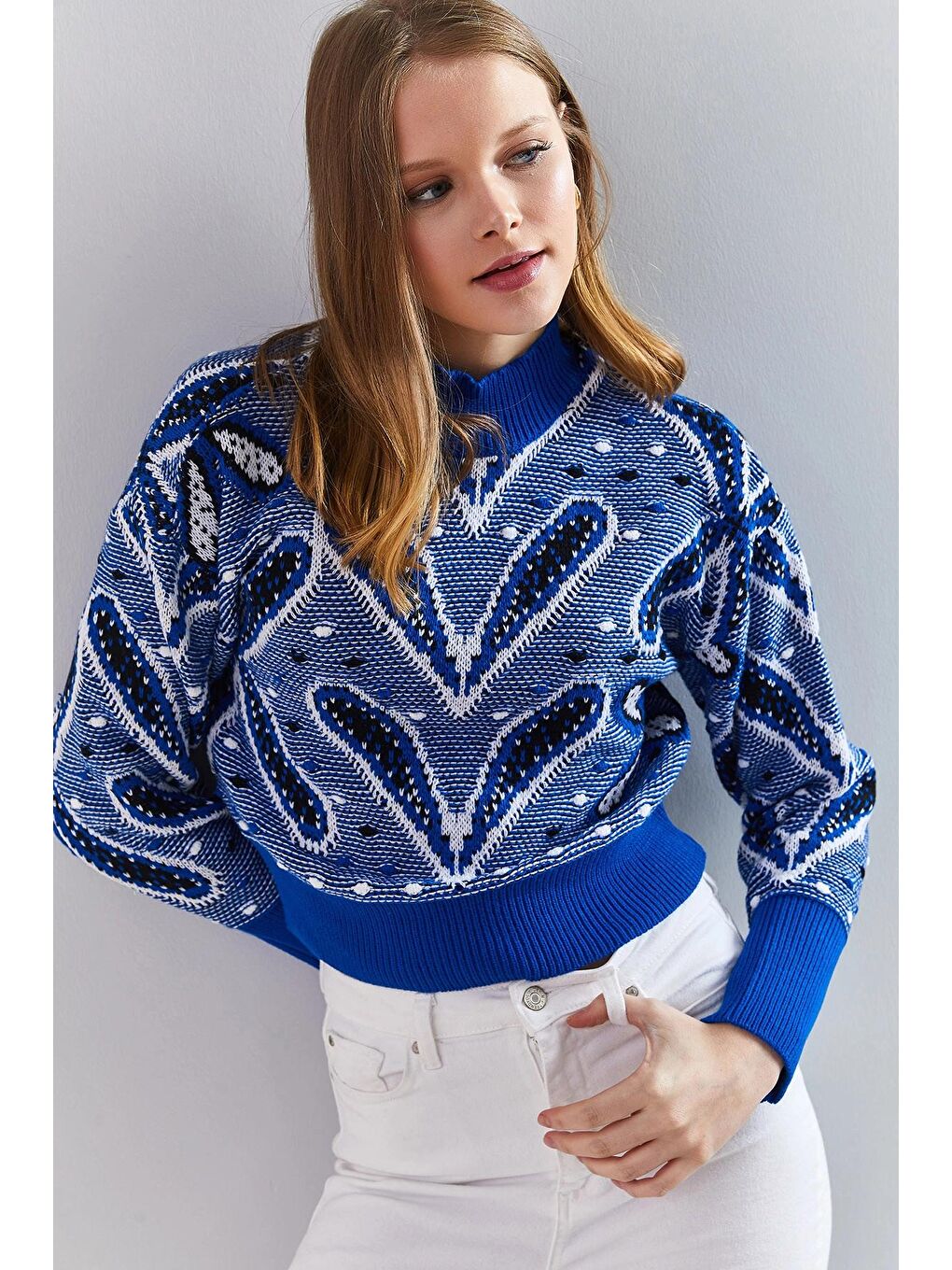 Mavi Kadın Balıkçı Yaka Desenli Kazak