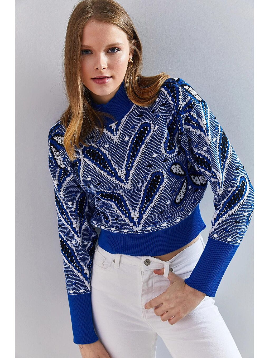Mavi Kadın Balıkçı Yaka Desenli Kazak-1
