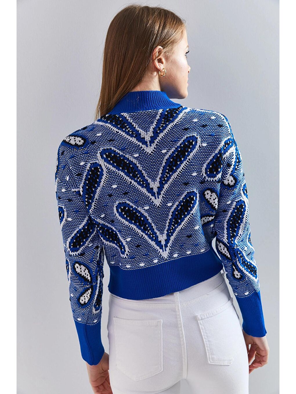 Mavi Kadın Balıkçı Yaka Desenli Kazak-3