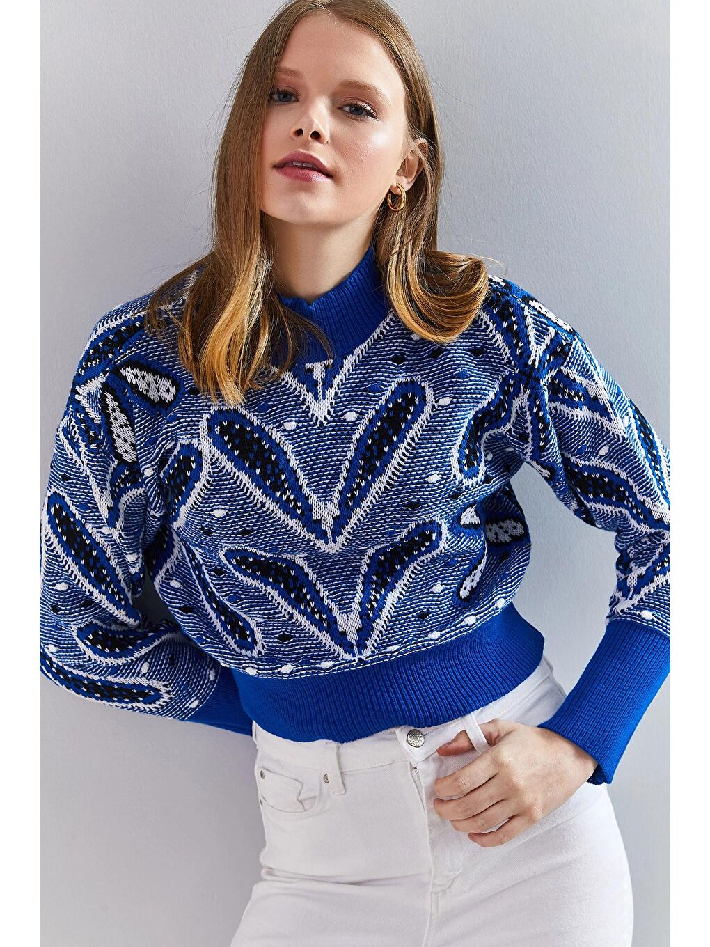 Mavi Kadın Balıkçı Yaka Desenli Kazak-4