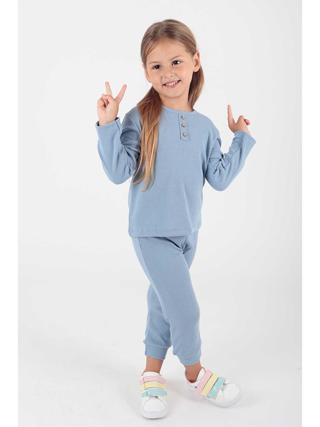 Mavi Kız Çocuk Düğmeli Trend Okul Eşofman Takımı-2