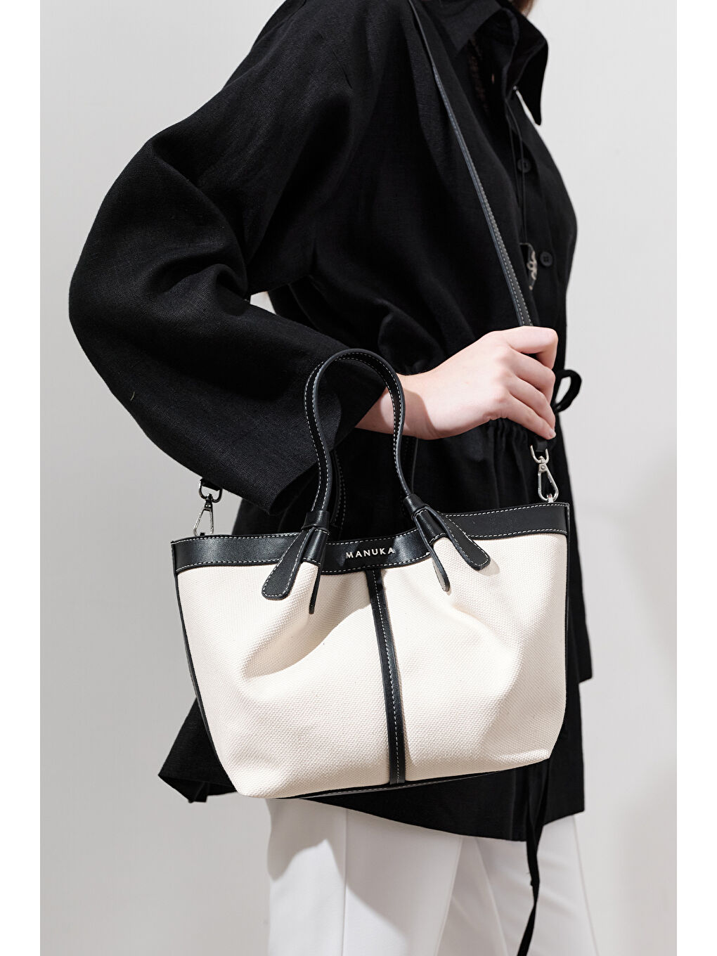 Kanvas Dikiş Detaylı Mini Çanta Bej-1