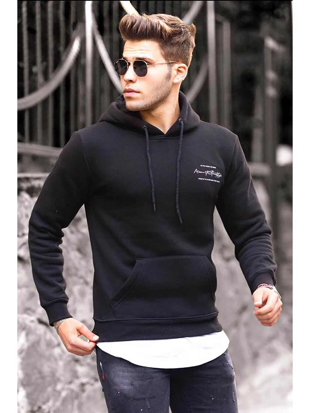 Baskılı Siyah kapüşonlu Sweatshirt 4395