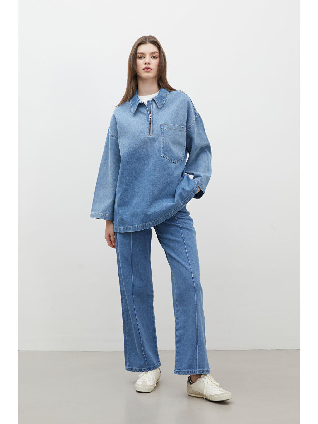 Dikiş Detaylı Straight Denim Pantolon Mavi