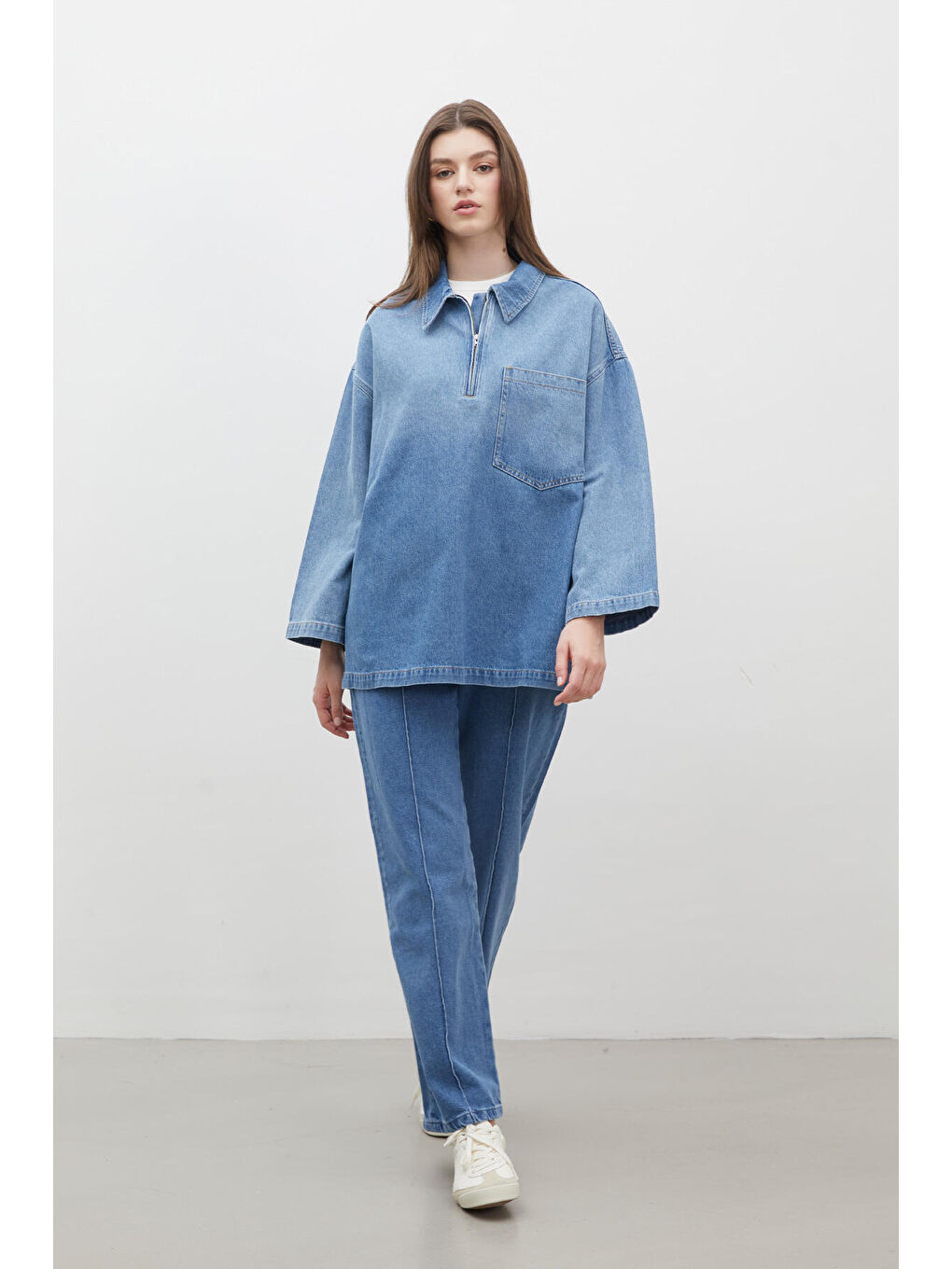 Dikiş Detaylı Straight Denim Pantolon Mavi-1