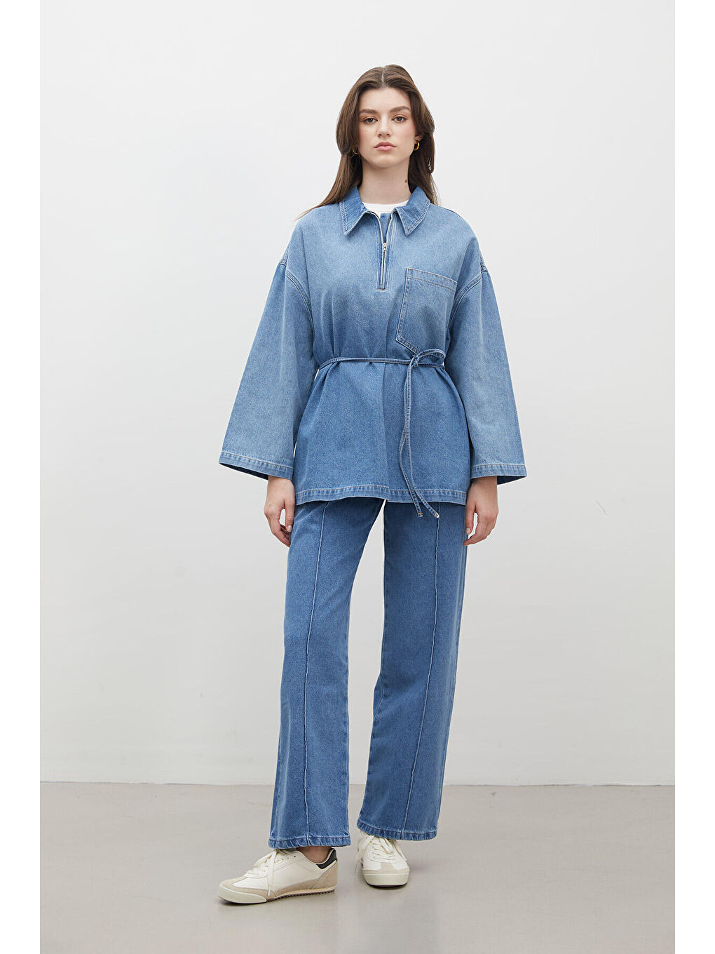 Dikiş Detaylı Straight Denim Pantolon Mavi-3