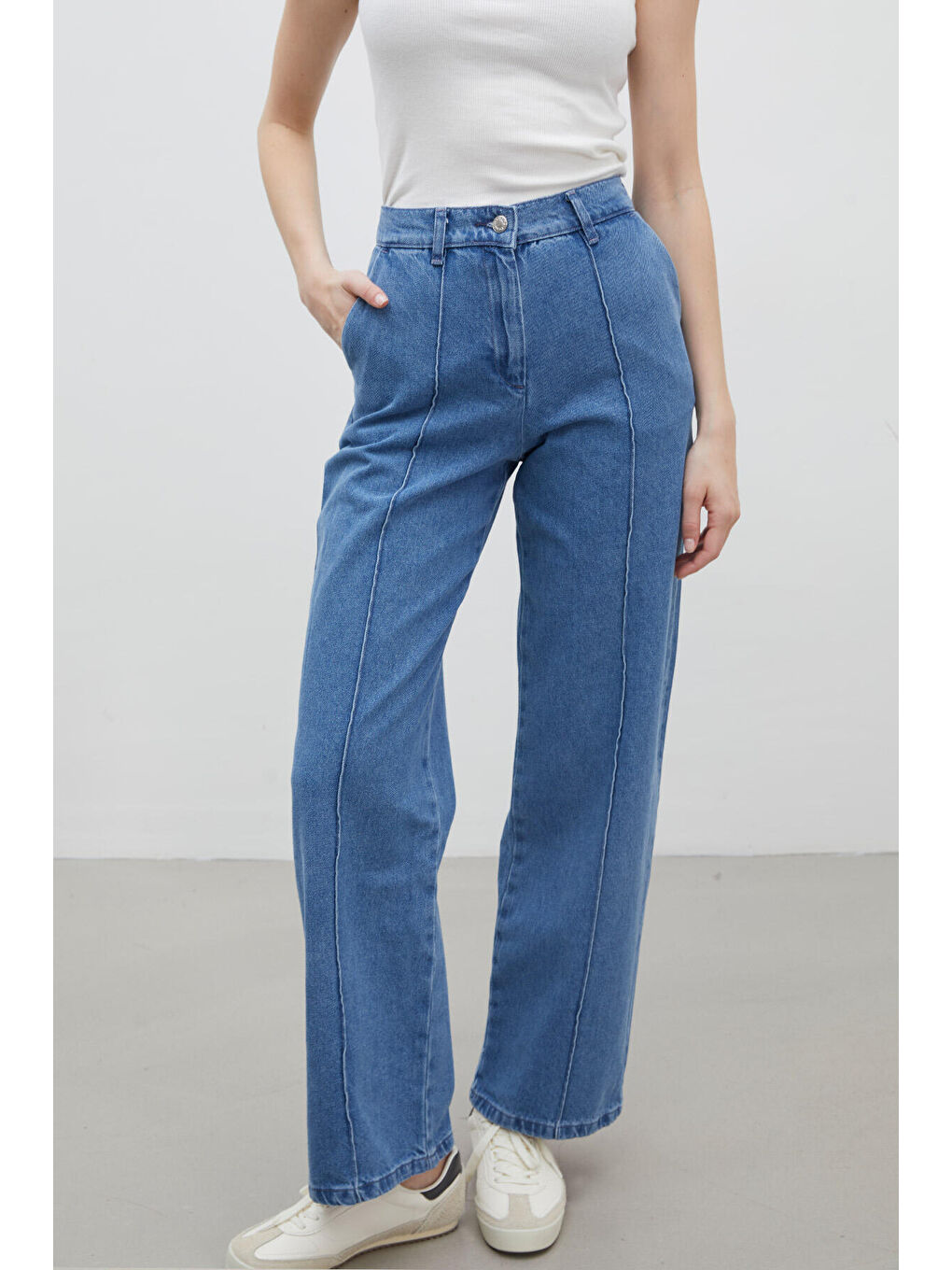 Dikiş Detaylı Straight Denim Pantolon Mavi-4