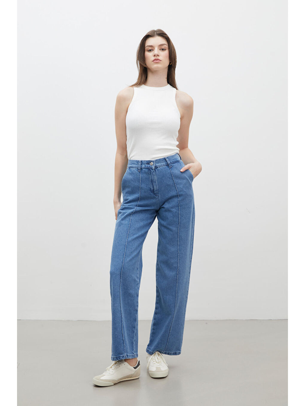 Dikiş Detaylı Straight Denim Pantolon Mavi-5