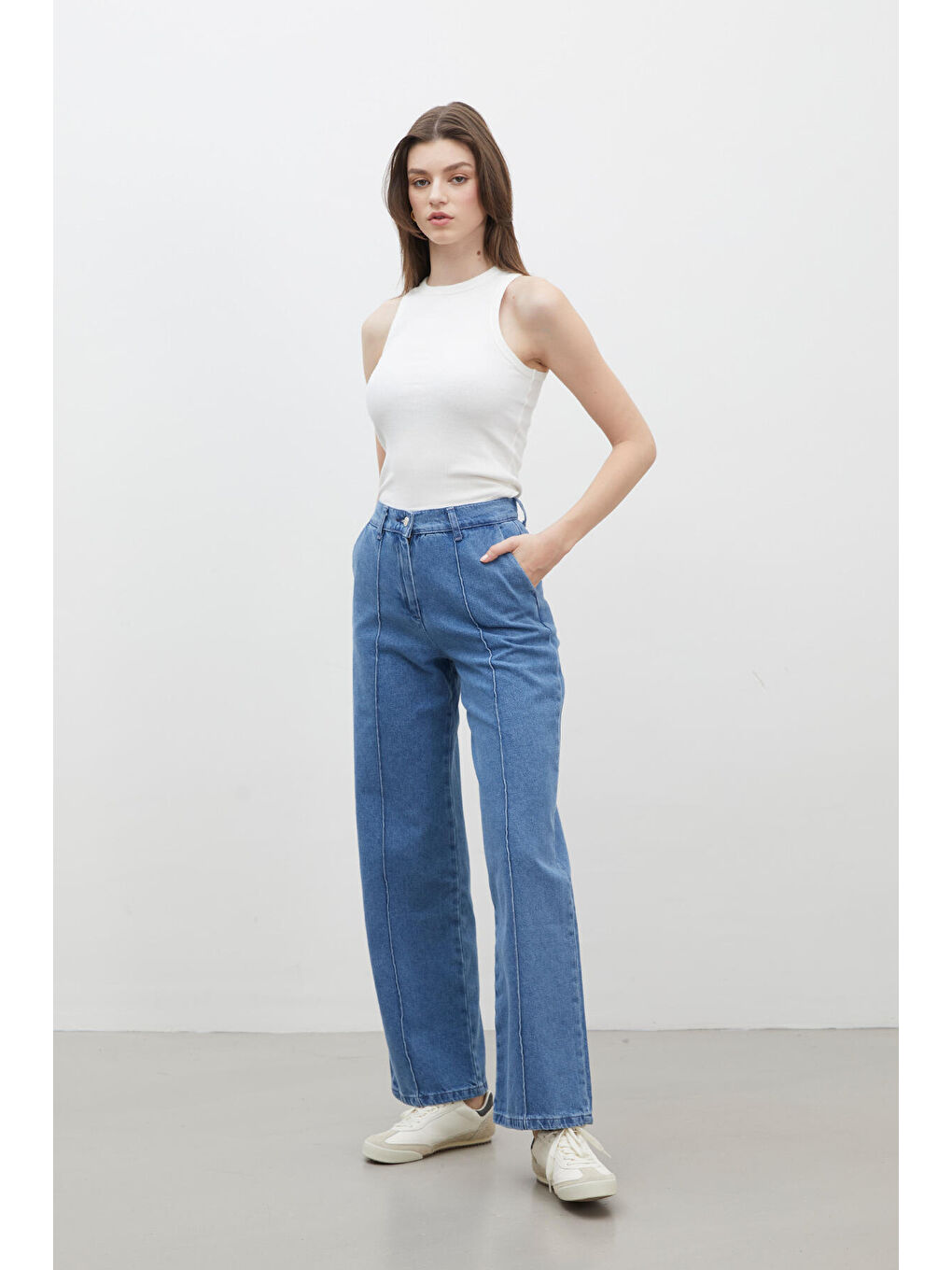 Dikiş Detaylı Straight Denim Pantolon Mavi-6