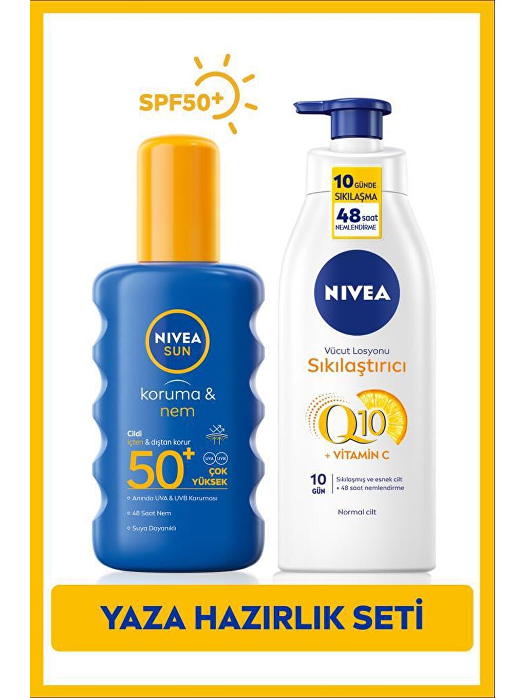 NIVEA Şeffaf Sun Güneş Koruyucu & Sıkılaştırıcı Kişisel Bakım Seti, SPF 50+ Güneş Kremi 200 ml ve Vücut Losyonu