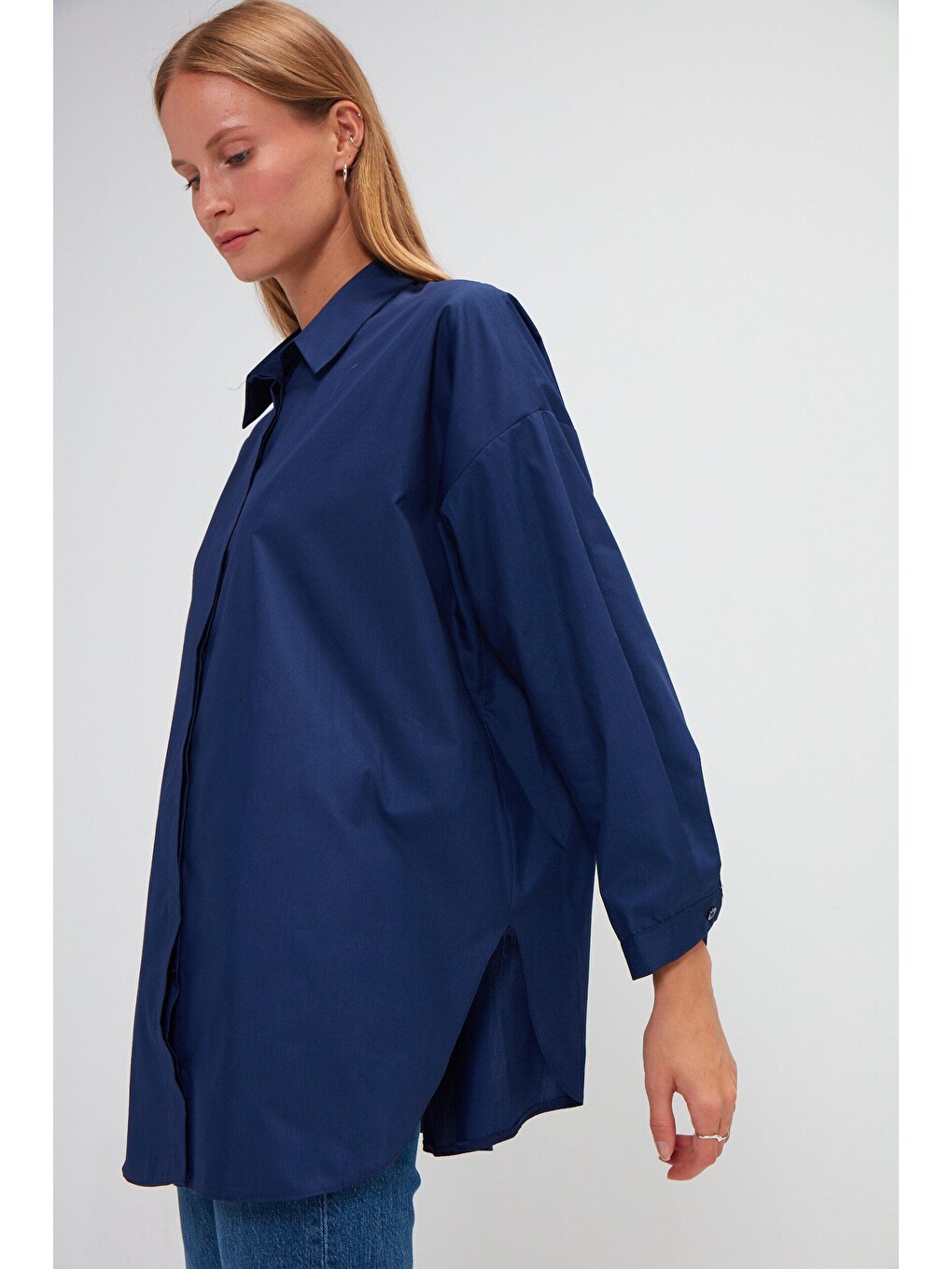 Lacivert Düz Uzun Kollu Oversize Poplin Gömlek-1