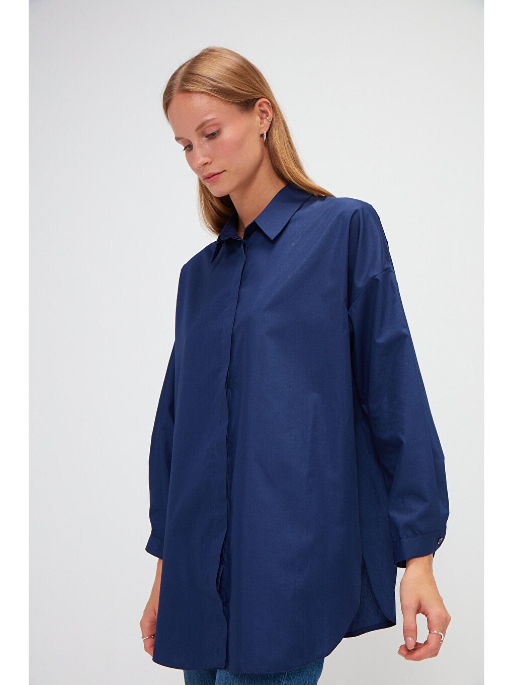 Lacivert Düz Uzun Kollu Oversize Poplin Gömlek-2