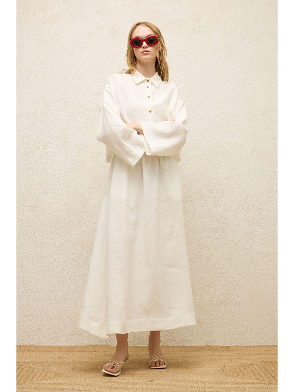 Keten Uzun Kol Crop Gömlek Ekru-1