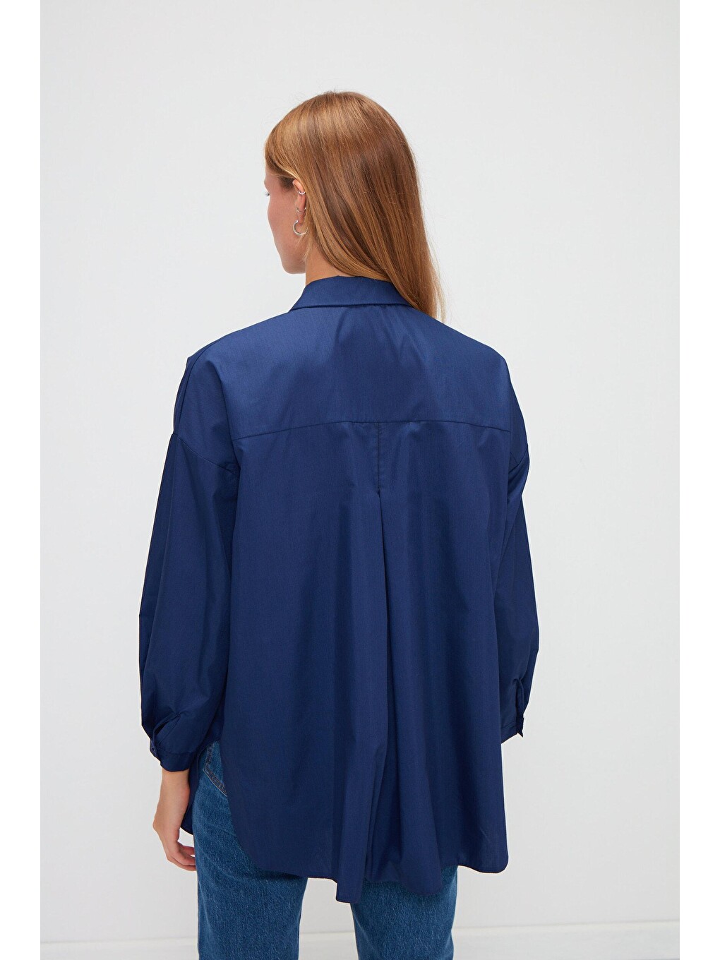 Lacivert Düz Uzun Kollu Oversize Poplin Gömlek-3