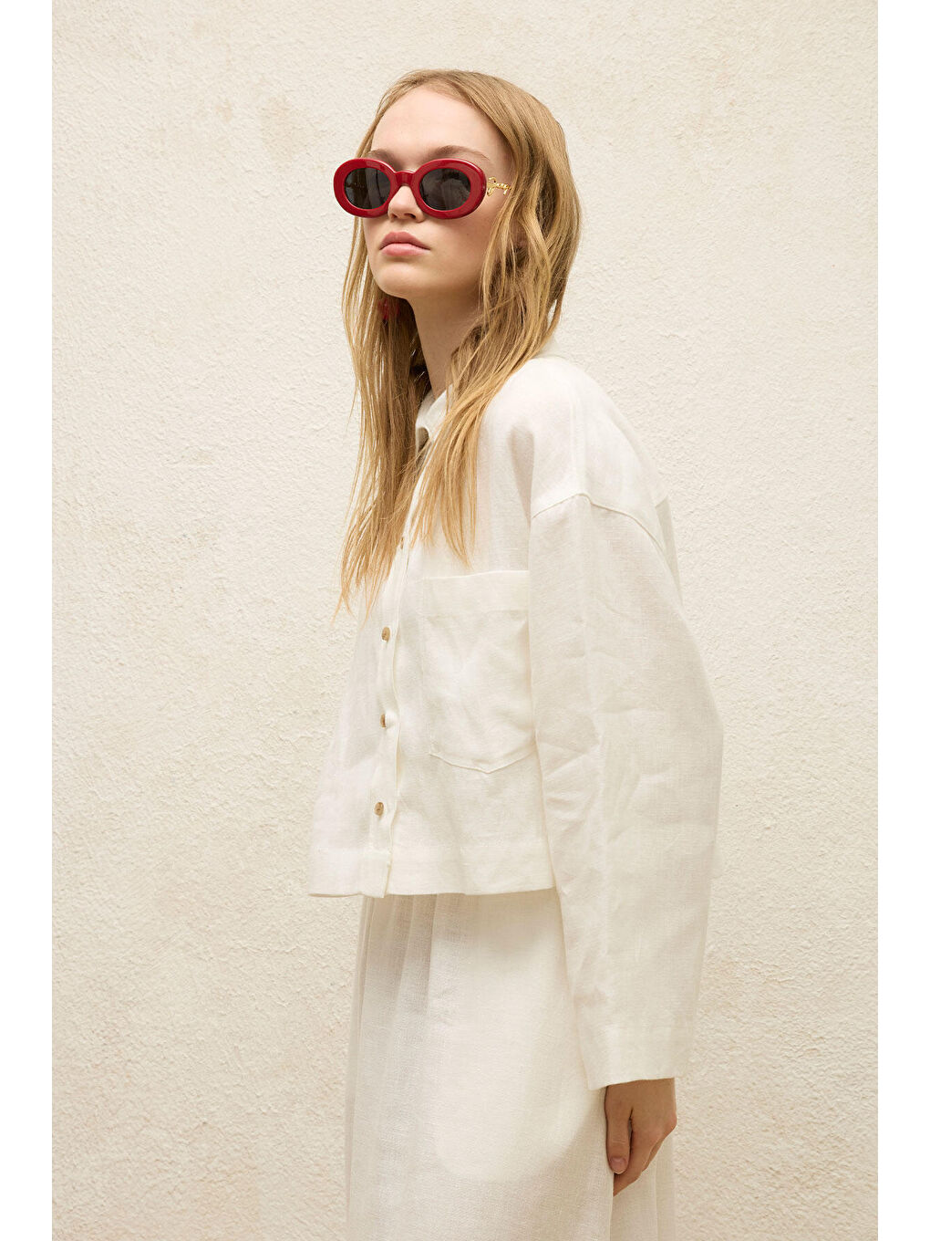 Keten Uzun Kol Crop Gömlek Ekru-3